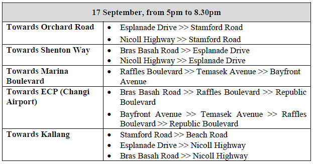 Roads Closed During F1 Singapore Grand Prix 2018