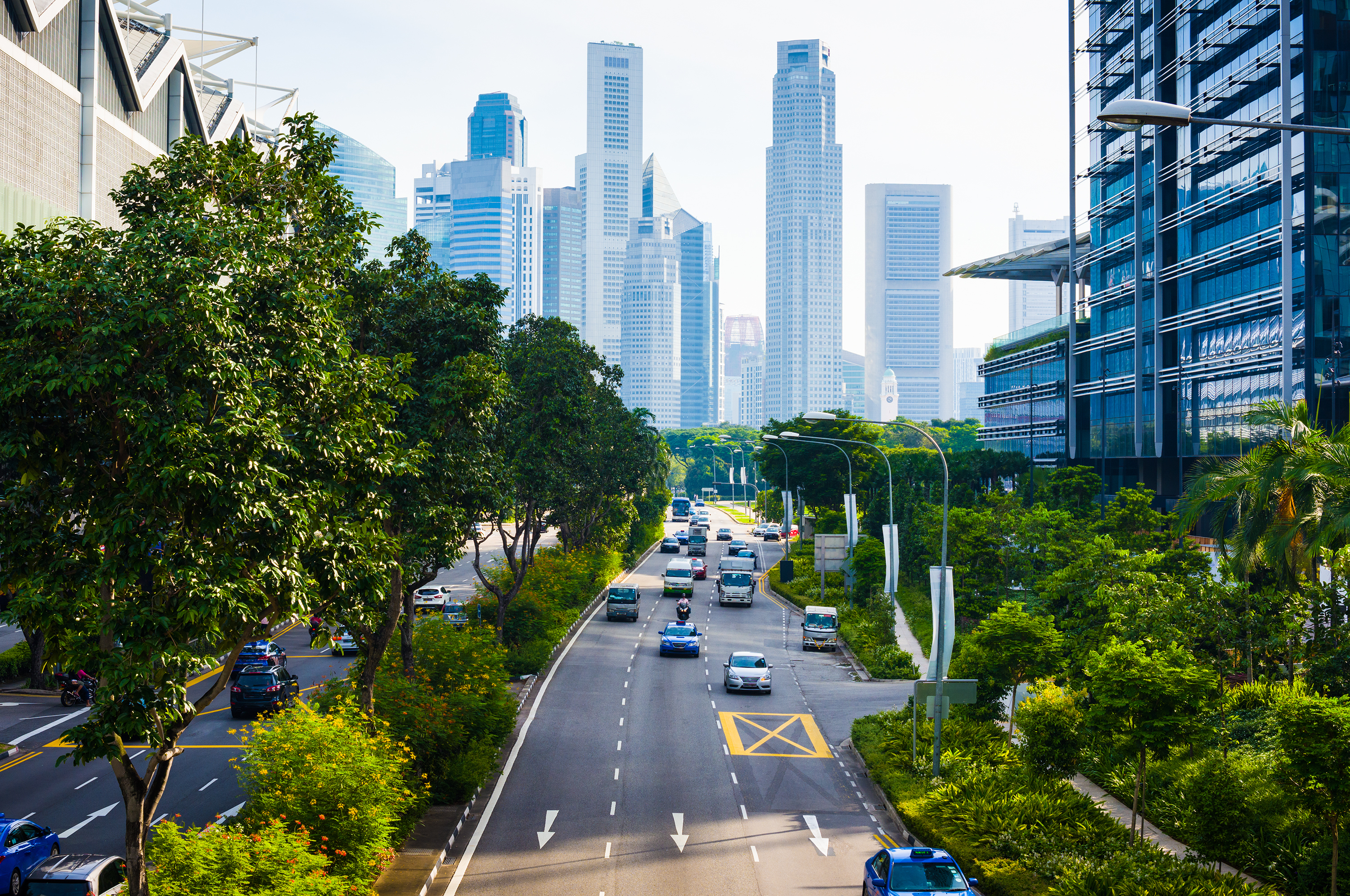 Singapore road with city skyline in the background