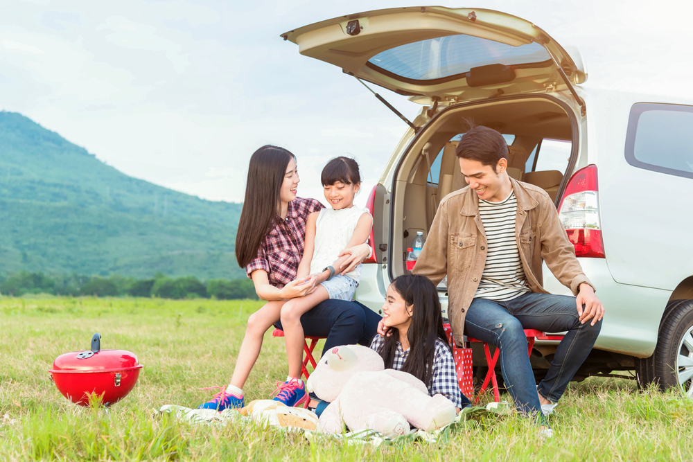 Family having picnic with hatchback boot open